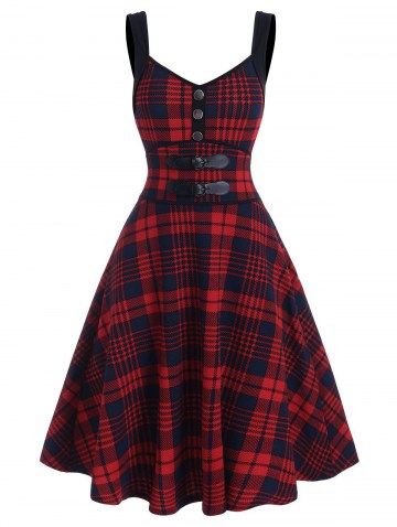 Plaid Print Dual Buckles Knitted Cami Dress