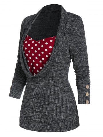Polka Dot Print Button Embellished Faux Twinset Sweater