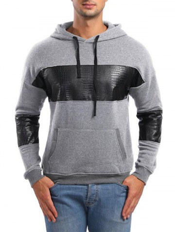Pu Leather Spliced Pullover Hoodie