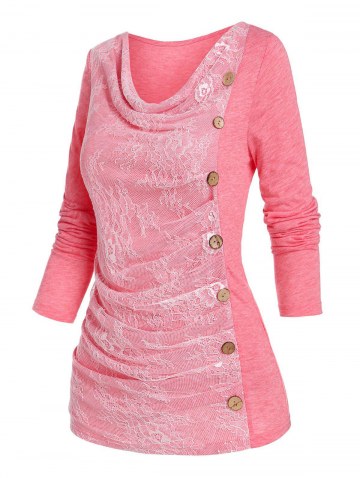 Ruched Lace Buttons Asymmetrical T Shirt