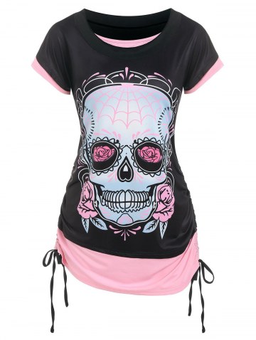 Skull Flowers Print Contrast Faux Twinset T-shirt