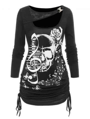 Skull Musical Note Print Lace Cutout T Shirt