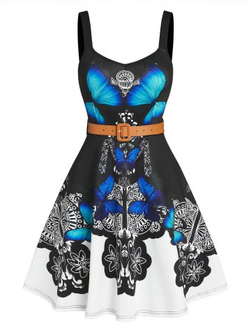 Sleeveless Belted Butterfly Flowers Print Dress