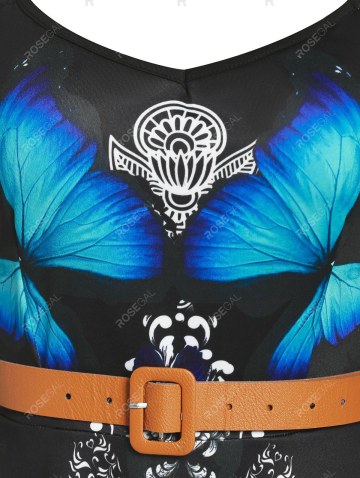 Sleeveless Belted Butterfly Flowers Print Dress