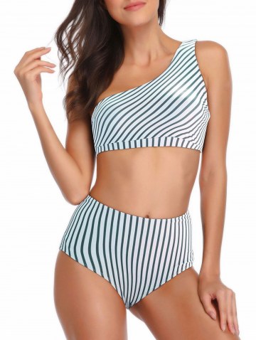 Striped One Shoulder High Waisted Bikini Set
