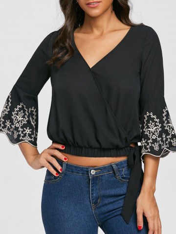 V Neck Embroidery Flare Sleeve Blouse