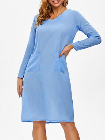 V Neck Front Pocket Shift Long Sleeve Dress